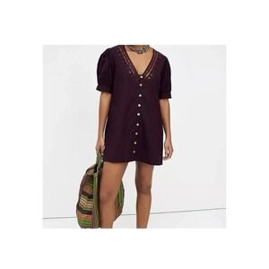 Free People Mari Lace Trim Puff Sleeve Mini Dress Wine Red XS Boho Festival